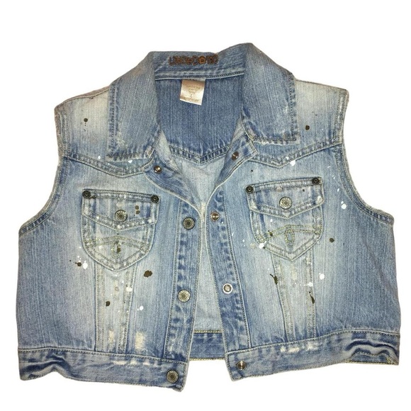 Limited Too Other - DISTRESSED BLUE DENIM COLLARED VEST W/ PAINT SPLATTER · SIZE L GIRLS, S/M WOMENS
